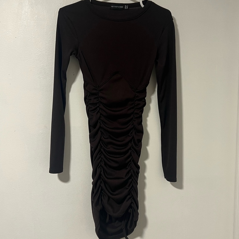 PrettyLittleThing Brown Ruched Long Sleeve Top/Mini Dress